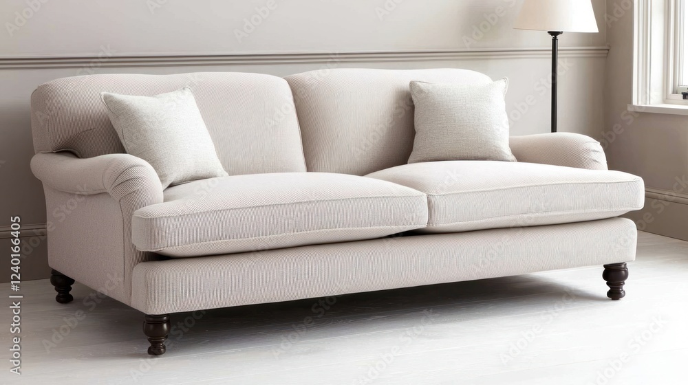 Beige Fabric Sofa with Cushions in Bright Living Room Beige Fabric Sofa with Cushions in Bright Living Room