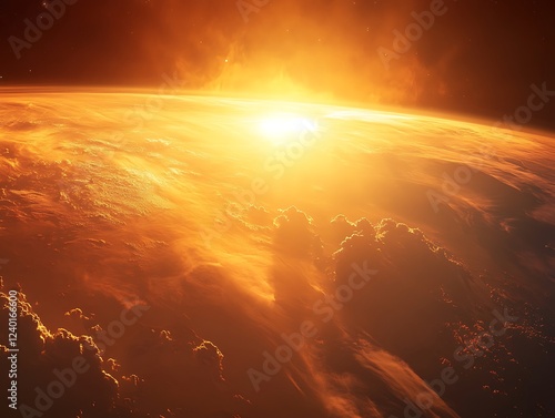 A beautiful sunrise casting golden light over the Earth's horizon as seen from space, with glowing city lights and atmospheric details creating a breathtaking view.