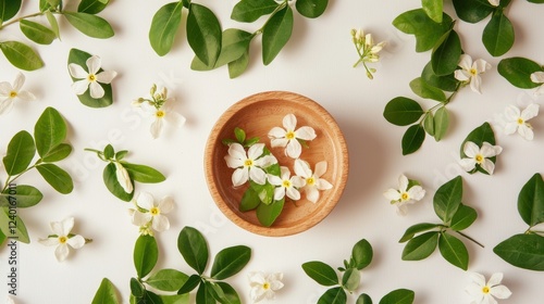 Traditional Thai Water Bowl with Floating Jasmine Flowers and Green Leaves on a White Background
