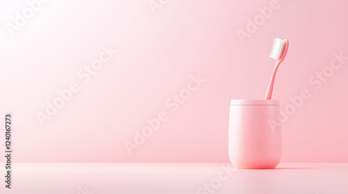 A charming minimalist composition of a toothbrush and a tiny tooth container placed on a soft pink surface, exuding cleanliness and cuteness.