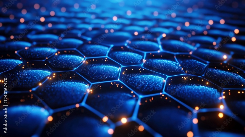 Naklejka premium Futuristic glowing hexagonal digital network. Hexagonal modern technology. Geometric innovation in sci context. Luminous tech design, ideal for vibrant visual background.