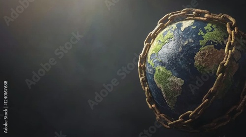 Earth Enclosed in Rusty Chains Symbolizing Environmental Restrictions and Global Challenges