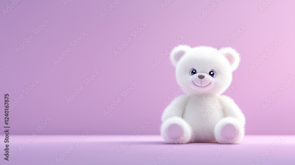 Obraz premium A cute, plush white teddy bear with a gentle smile sitting on a smooth violet background, radiating charm and nostalgia.