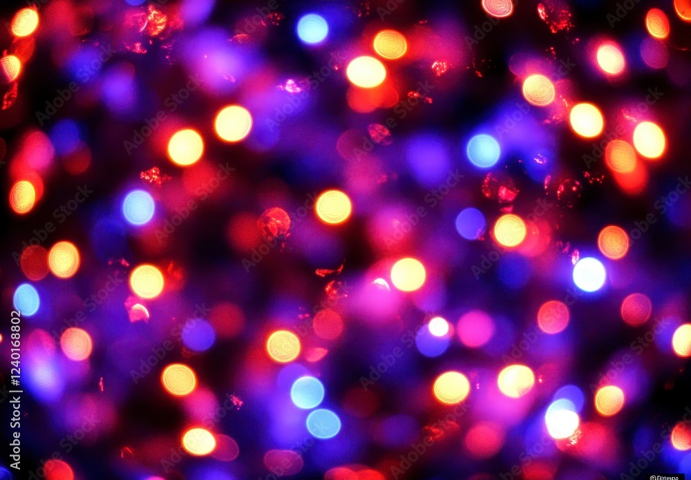 Abstract background with blurred bokeh lights in red, orange, blue, and purple hues. The image is predominantly dark, with bright, glowing circles Abstract background with blurred bokeh lights in red, orange, blue, and purple hues. The image is predominantly dark, with bright, glowing circles