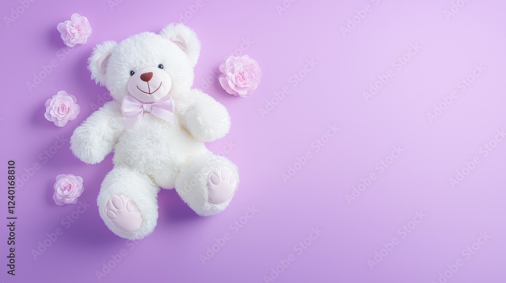 Obraz premium A lonely but lovable white teddy bear resting gently on a smooth violet background, evoking feelings of comfort and nostalgia.