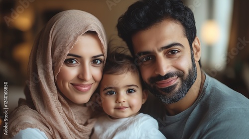 Portrait of happy Arabic parents posing with their little daughter at home, sharing warmth and love in a soft-lit, minimalistic setting.