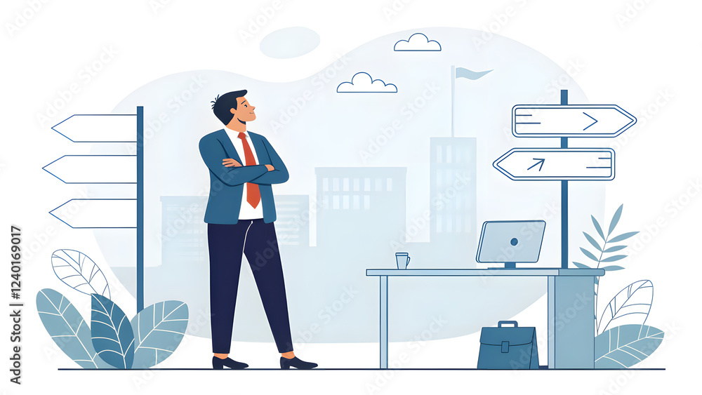 Obraz premium Businessman Contemplating Direction in Modern Office Landscape