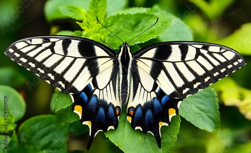 A striking black and white butterfly perched on vibrant green leaves photo