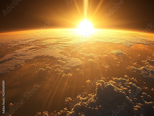 A beautiful sunrise casting golden light over the Earth's horizon as seen from space, with glowing city lights and atmospheric details creating a breathtaking view.