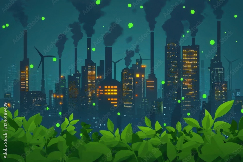 Fototapeta premium Wide-angle night view of futuristic urban industrial development