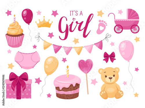 Set of bright colorful elements for girl's birthday celebration. Children's theme. Vector illustration. Isolated on white background.
