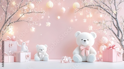 A peaceful pink nursery with gentle lighting and cute white bear plush toys with light bows, designed to provide a cozy and calming space for babies to grow.