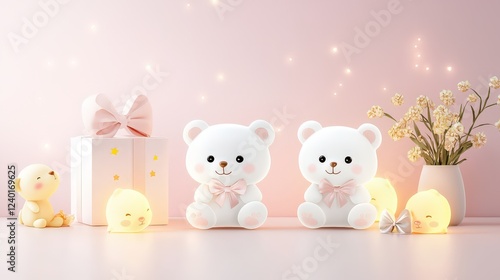 A peaceful pink nursery with gentle lighting and cute white bear plush toys with light bows, designed to provide a cozy and calming space for babies to grow.