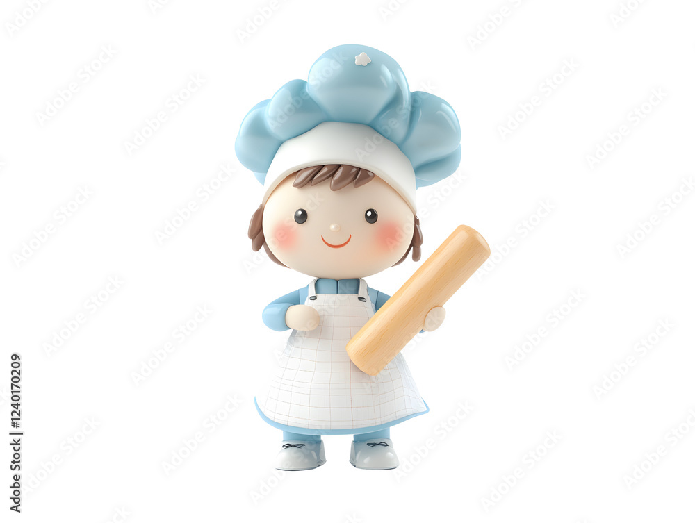 Cute Cartoon Character Chef Holding Rolling Pin in Light Blue Outfit Cute Cartoon Character Chef Holding Rolling Pin in Light Blue Outfit