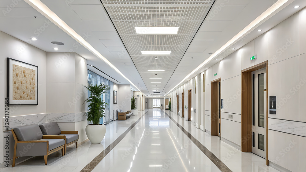 Obraz premium Modern Office Corridor with Elegant Design and Natural Light