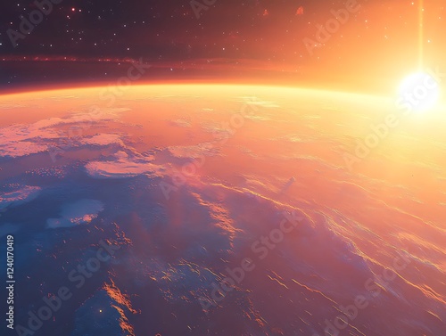 A beautiful sunrise casting golden light over the Earth's horizon as seen from space, with glowing city lights and atmospheric details creating a breathtaking view.