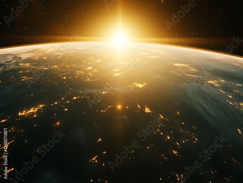 A beautiful sunrise casting golden light over the Earth's horizon as seen from space, with glowing city lights and atmospheric details creating a breathtaking view.