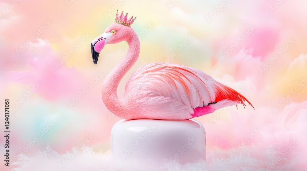 Fototapeta premium Close-up of a crowned soft pink Flamingo on a pedestal, set against a light vibrant background, capturing the playful and minimalist essence of the design.