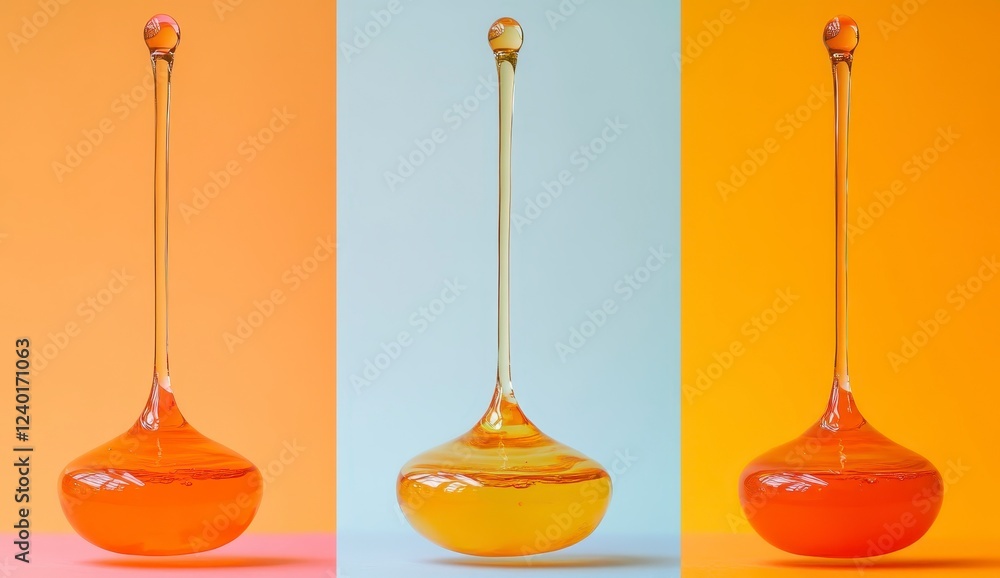 Triptych of amber liquid droplet suspended mid air against pastel backgrounds. Each image showcases the droplet's translucent texture and subtle Triptych of amber liquid droplet suspended mid air against pastel backgrounds. Each image showcases the droplet's translucent texture and subtle
