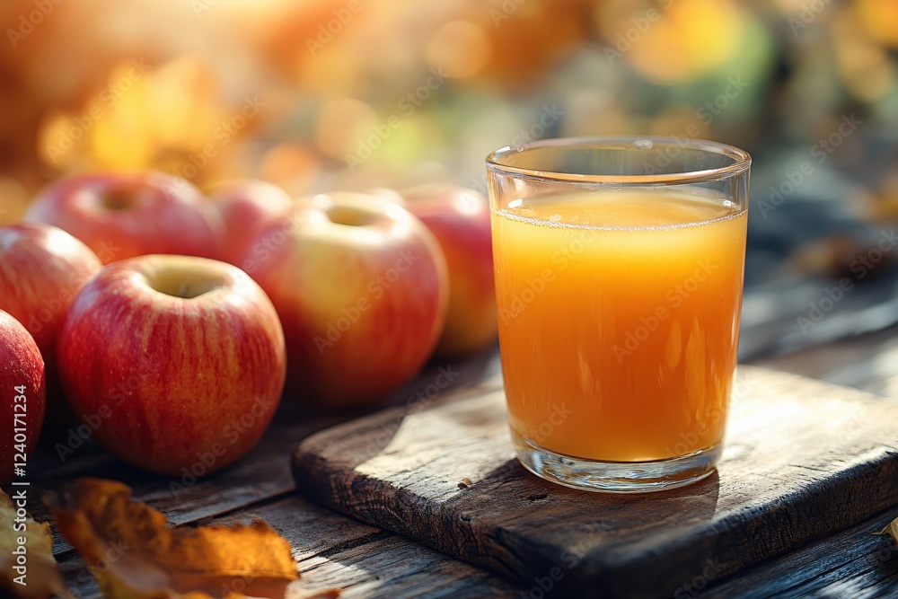 Fresh apple juice and ripe apples on a wooden board with autumn leaves in soft sunlight Fresh apple juice and ripe apples on a wooden board with autumn leaves in soft sunlight