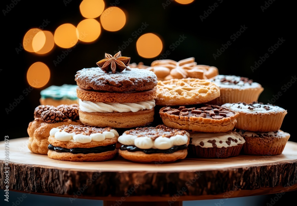 An assortment of delicious cookies and pastries arranged on a rustic wooden stand, decorated with chocolate sprinkles and cream. Festive bokeh lights An assortment of delicious cookies and pastries arranged on a rustic wooden stand, decorated with chocolate sprinkles and cream. Festive bokeh lights