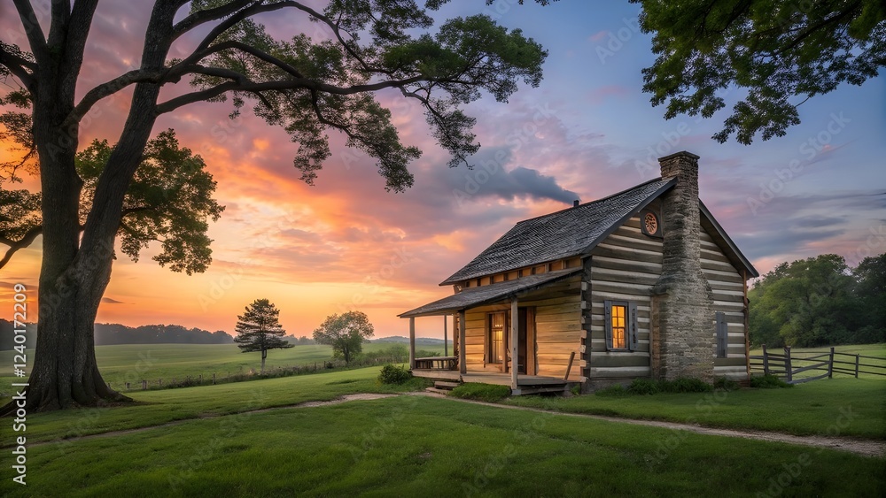 Rustic Log Cabin Surrounded by Lush Green Field at Sunset