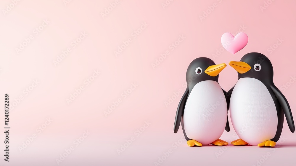 Naklejka premium Two adorable penguins standing close together on a bold pink background, soft and minimalist design creating a charming atmosphere.