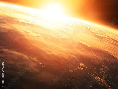 A beautiful sunrise casting golden light over the Earth's horizon as seen from space, with glowing city lights and atmospheric details creating a breathtaking view.