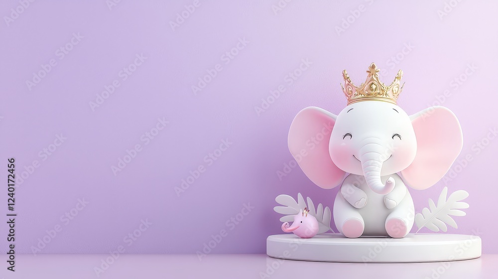 Obraz premium Whimsical crowned pink elephant character sitting gently on a round pedestal, adorable form radiating joy against a bold violet backdrop.