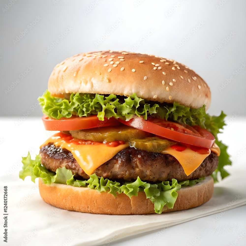 Delicious Cheeseburger with Fresh Vegetables and Sesame Seed Bun Delicious Cheeseburger with Fresh Vegetables and Sesame Seed Bun