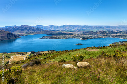 Lake Wanaka with Wanaka Town, Otago, South Island, New Zealand, Oceania. photo