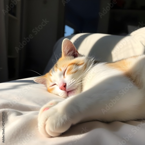 Un gato durmiendo en casa. Esta en la cama. El sol brilla sobre el gato. Estoy tomando una siesta. Es un gato lindo.