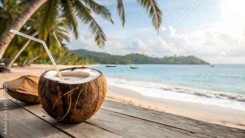 Wallpaper Mural Refreshing Coconut Drink on Tropical Beach with Palm Trees Torontodigital.ca
