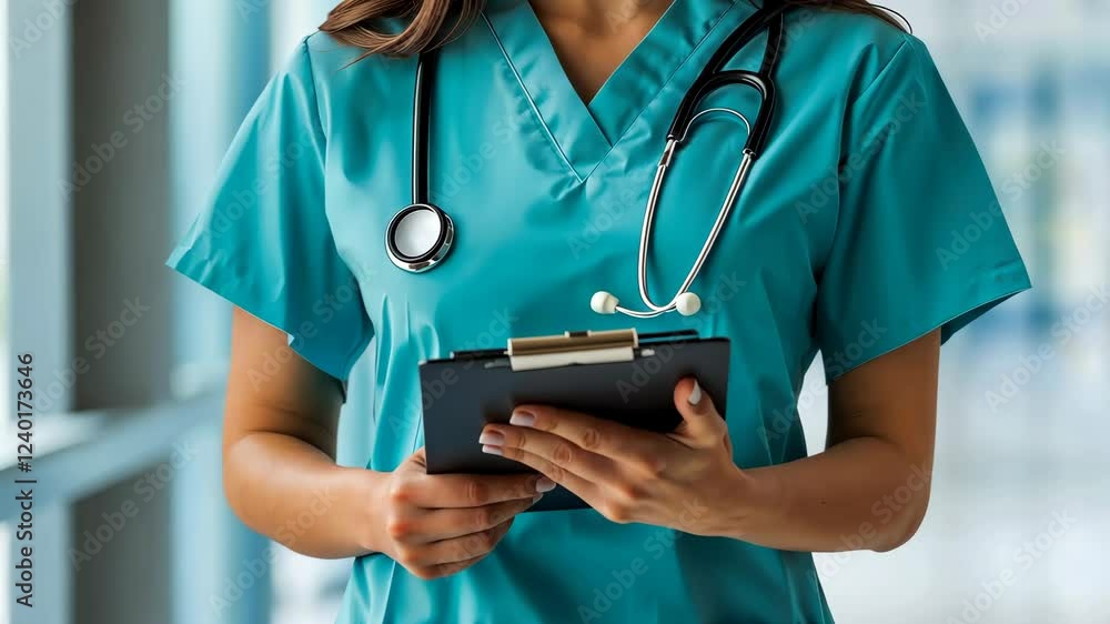 A healthcare professional in scrubs holds a clipboard, ready to assist in a clinical setting. A healthcare professional in scrubs holds a clipboard, ready to assist in a clinical setting.