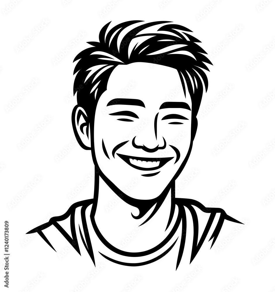 A smiling young Chinese man. A simple linear sketch. Realistic vector drawing. Thin Asian face, short hair, beaming smile. A smiling young Chinese man. A simple linear sketch. Realistic vector drawing. Thin Asian face, short hair, beaming smile.