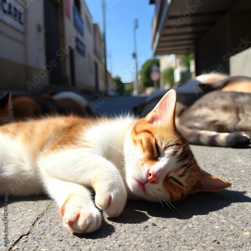 Un gato durmiendo en la calle. Estoy tomando una siesta. Descansando en el callejón. También hay otros gatos. Es de mañana. Estoy durmiendo. Mis ojos están cerrados.