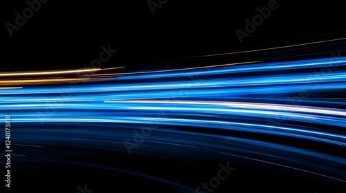 Blue light trails curve on dark night, city background, abstract tech photo