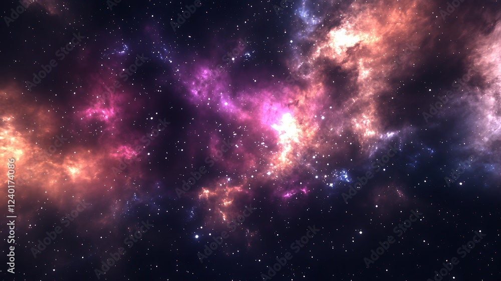 A cosmic nebula with swirling clouds of pink, orange, and blue gas illuminated by distant stars. A cosmic nebula with swirling clouds of pink, orange, and blue gas illuminated by distant stars.