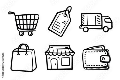 A set of hand-drawn shopping and retail icons, including a shopping cart, price tag, delivery truck, shopping bag, store, and wallet, in black outline style