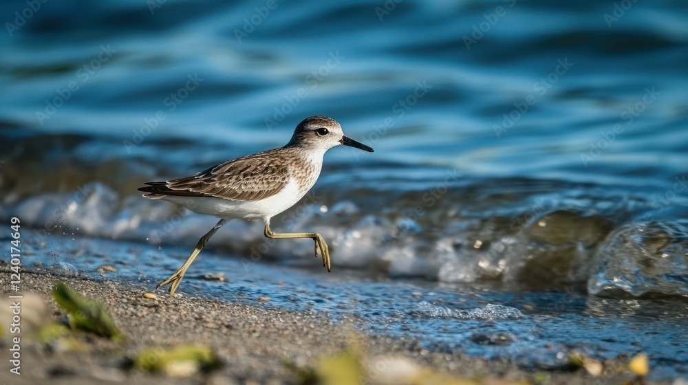 Sandpiper running along the shoreline, its legs moving quickly. Sandpiper running along the shoreline, its legs moving quickly.