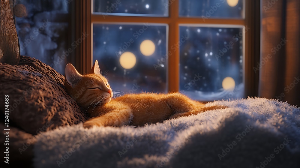 Obraz premium A Ginger Cat Napping by a Window with a Snowy View