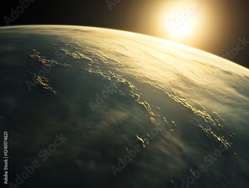 A beautiful sunrise casting golden light over the Earth's horizon as seen from space, with glowing city lights and atmospheric details creating a breathtaking view.