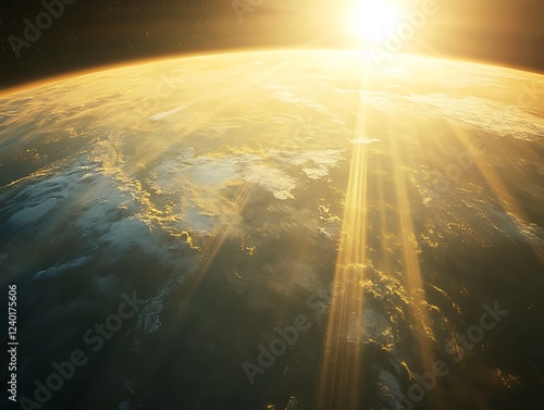 A beautiful sunrise casting golden light over the Earth's horizon as seen from space, with glowing city lights and atmospheric details creating a breathtaking view.