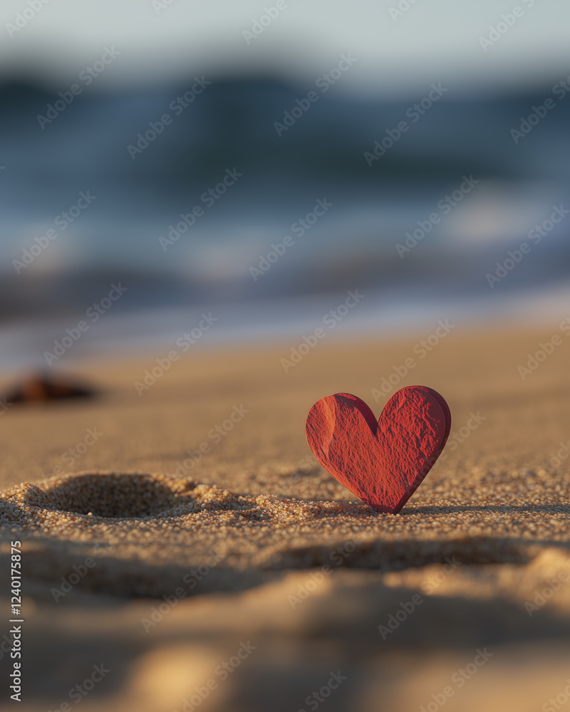 Fototapeta premium red heart shaped paper cutout is placed on sandy beach, evoking love and warmth. gentle waves create serene backdrop