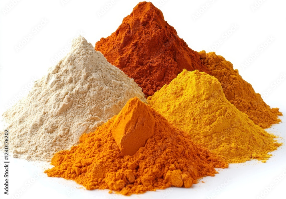 Four mounds of various spices against a white background. The spices are shades of yellow, orange, and beige. The image is brightly lit, creating a Four mounds of various spices against a white background. The spices are shades of yellow, orange, and beige. The image is brightly lit, creating a
