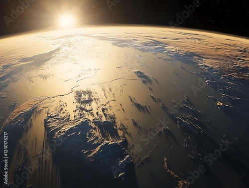 A beautiful sunrise casting golden light over the Earth's horizon as seen from space, with glowing city lights and atmospheric details creating a breathtaking view.