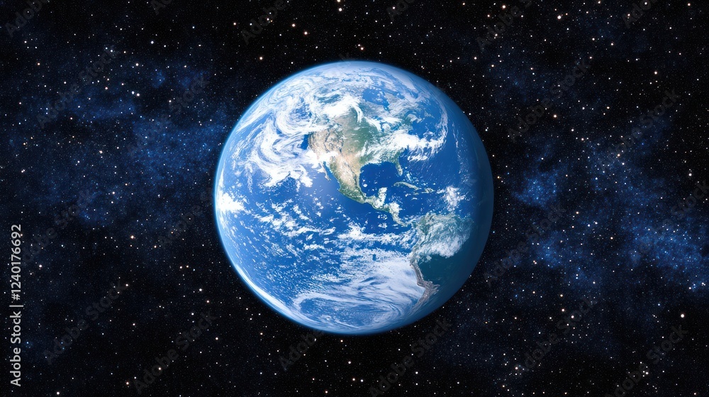Fototapeta premium Earth, planet, space, cosmos, galaxy, stars, universe, world, globe, blue, clouds, continents, oceans, atmosphere, night, sky, dark, celestial, cosmic, astronomy, solar, system, satellite