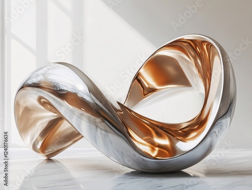 Abstract sculpture of a fluid shape with metallic silver and gold finish on marble floor photo