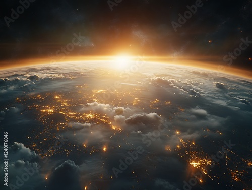 A beautiful sunrise casting golden light over the Earth's horizon as seen from space, with glowing city lights and atmospheric details creating a breathtaking view.