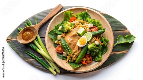 Delicious Pecel Sayur: Indonesian Steamed Vegetable Salad with Peanut Sauce - Top View